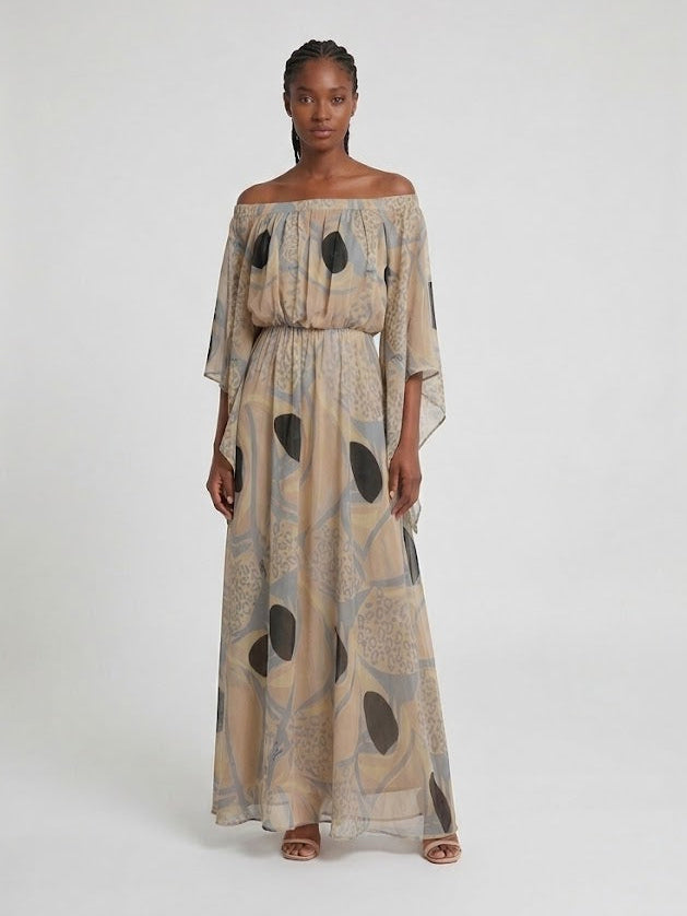 Sheer Off the Shoulder Tan Dress