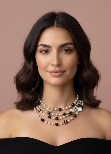 Black White and Gold pearl wrap around necklace