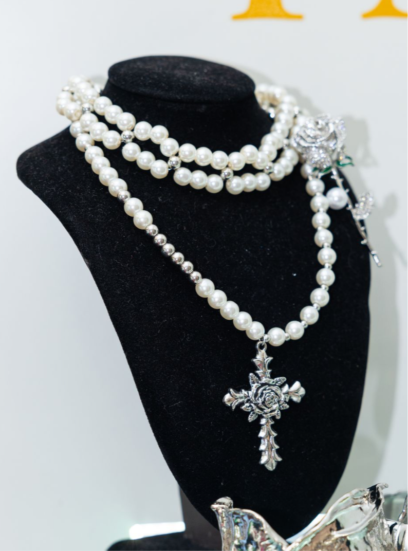 3 Layer pearl & chrome cross necklace