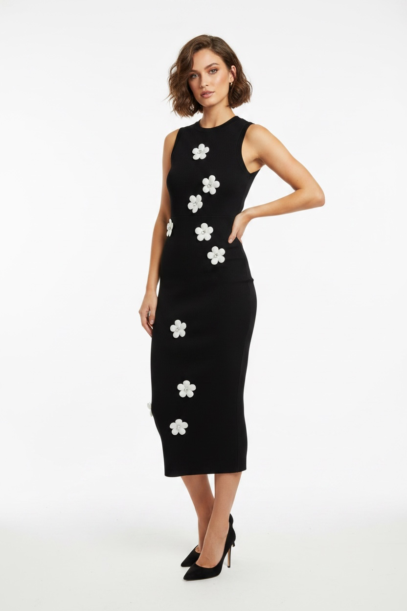 Black Open Back White Floral Dress