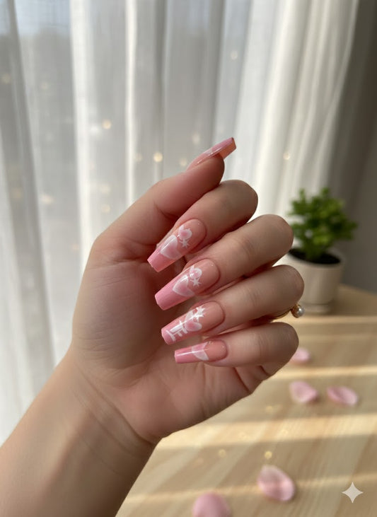 Pink Heart Press On with White Detailing